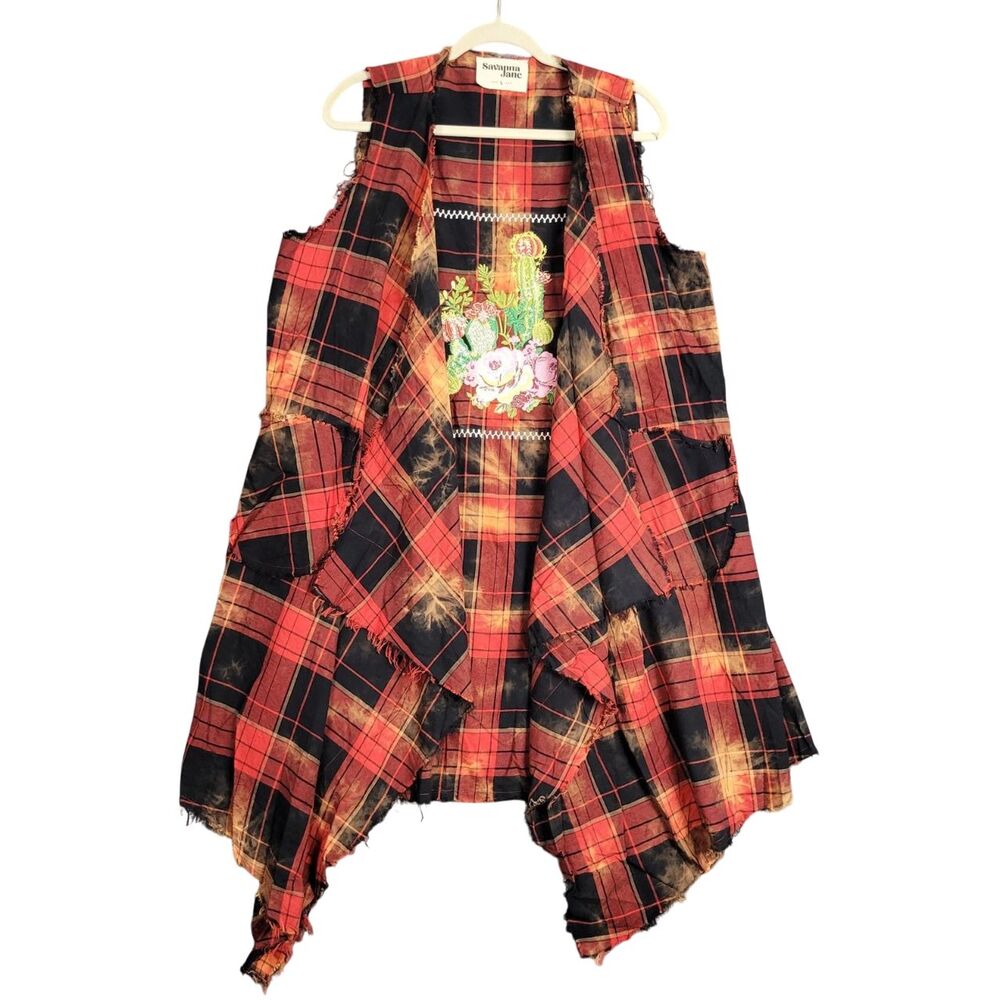 SAVANNA JANE Red Black Plaid Embroidered Layering Bohemian Vest SIZE LARGE